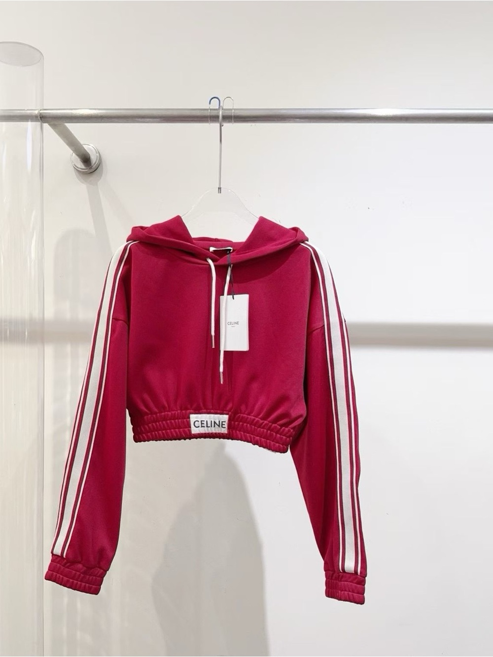 Celine Fuchsia Cropped Hoodie with White Stripe Detail